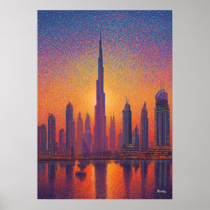 Poster Dubaï Burj Khalifa Pointillisme Skyline Coucher de