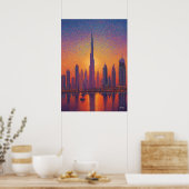 Poster Dubaï Burj Khalifa Pointillisme Skyline Coucher de (Cuisine)
