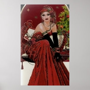 Poster d'une dame rétro vintage de Noël art déco