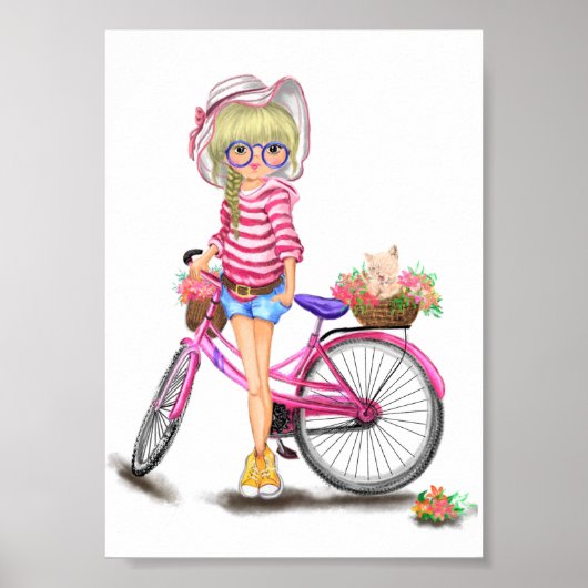 Poster d'une fille blonde avec un vélo rose (Devant)