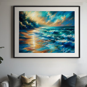 Poster Dur Pastel Dessin Vagues sur une plage