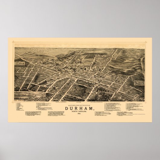 Poster Durham, NC Carte panoramique - 1891 (Devant)