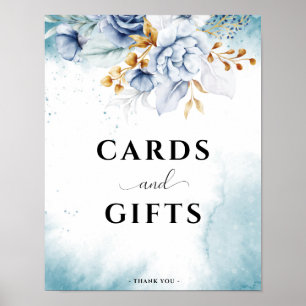 Poster Dusty Bleu Blanc Or Floral Cartes de Mariage & Gif