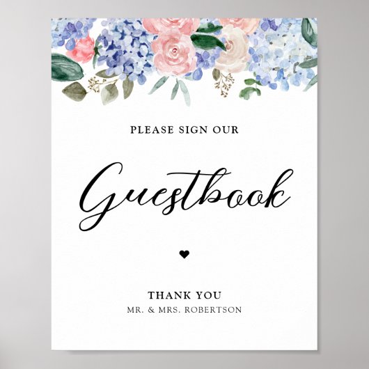 Poster Dusty bleu hydrangeas rose s'il vous plaît signer (Devant)