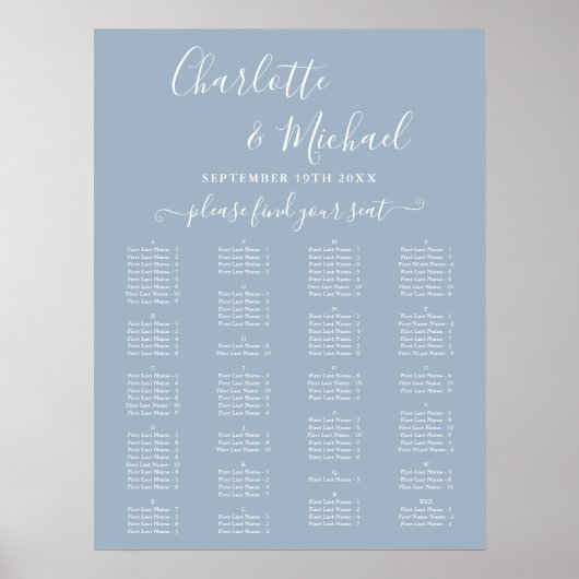 Poster Dusty Blue Alphabetical Wedding Seating Chart (Devant)