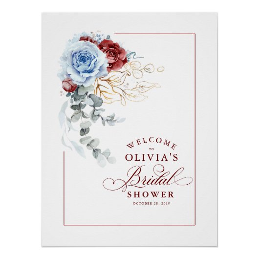 Poster Dusty Blue and Red Bridal Shower Welcome (Devant)
