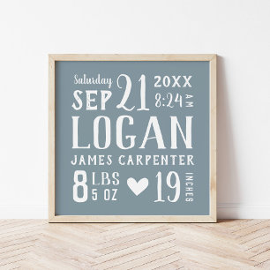 Poster Dusty Blue Baby Name Birth Stats Couleurs modifi