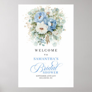 Poster Dusty blue blanc pivoine floral or mariage