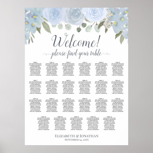 Poster Dusty Blue Boho Chic Roses 23 Table Seating Chart (Devant)