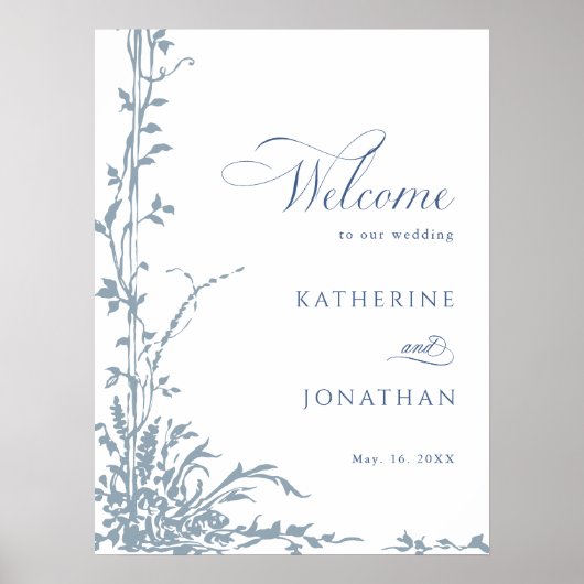 Poster Dusty Blue Botanical Garden Wedding Welcome  (Devant)