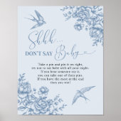Poster Dusty Blue Chinoiserie Baby shower Ne pas dire béb (Devant)