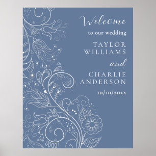 Poster Dusty Blue Elegant Floral Mariage Bienvenue
