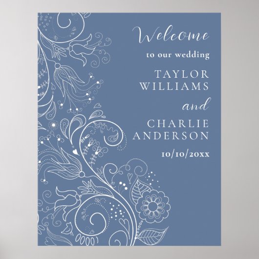 Poster Dusty Blue Elegant Floral Mariage Bienvenue (Devant)
