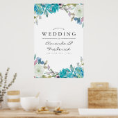 Poster Dusty Blue et Turquoise Floral Mariage Bienvenue (Cuisine)