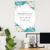 Poster Dusty Blue et Turquoise Floral Mariage Bienvenue (Bureau à domicile)