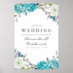 Poster Dusty Blue et Turquoise Floral Mariage Bienvenue