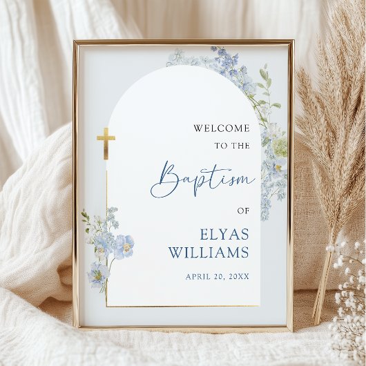 Poster Dusty Blue Floral Arched Boy Baptism Welcome Sign