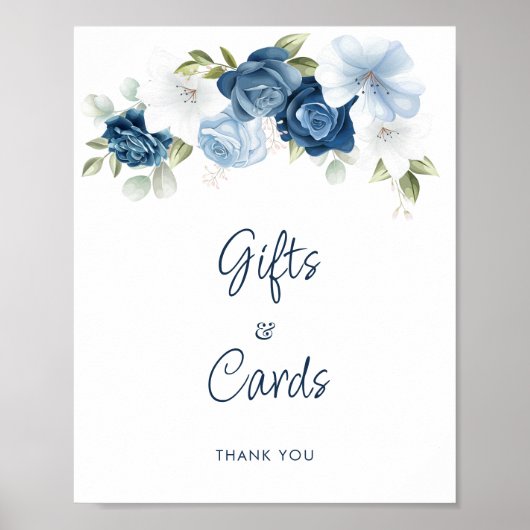 Poster Dusty Blue Floral Cadeaux et Cartes Mariage (Devant)