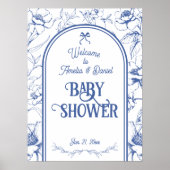 Poster Dusty Blue Floral Ornament Baby shower classique (Devant)