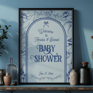 Poster Dusty Blue Floral Ornament Baby shower classique