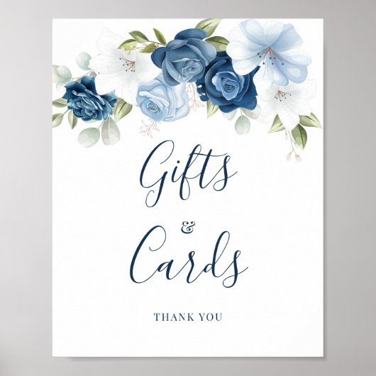 Poster Dusty Blue Floral Script Cadeaux et cartes Mariage (Devant)