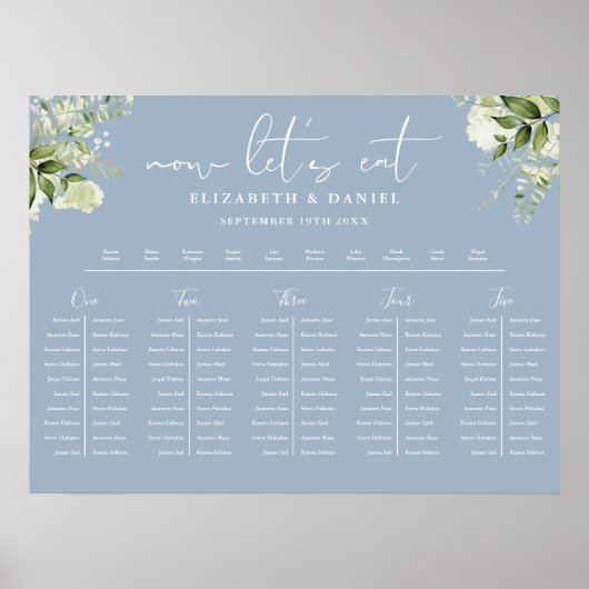 Poster Dusty Blue Floral Wedding Table Plan Seating Chart (Devant)