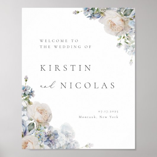 Poster Dusty Blue Garden Floral Mariage Bienvenue (Devant)