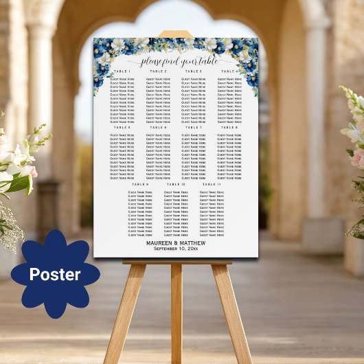 Poster Dusty Blue Gold Floral 11 Tables Siège Mariage