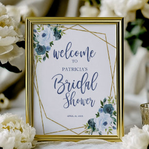 Poster Dusty Blue Gold Floral Bridal Shower Welcome