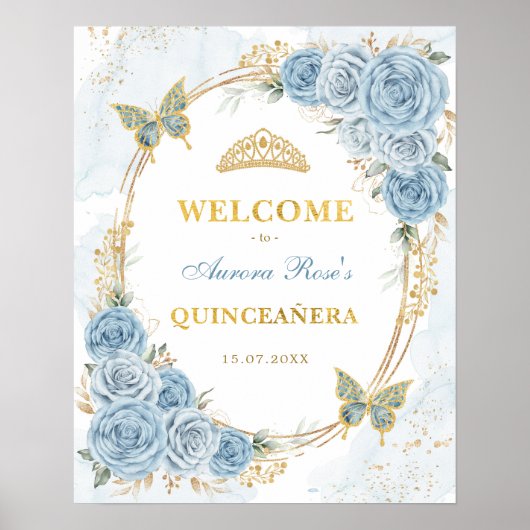 Poster Dusty Blue Gold Quinceanera Mis Quince Bienvenue (Devant)