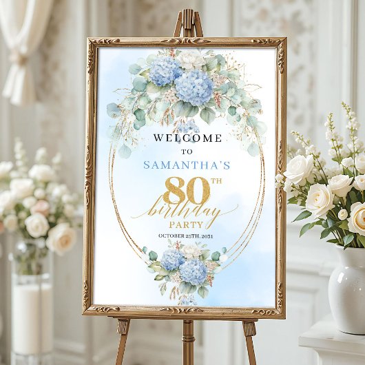 Poster Dusty Blue Hydrangea Boho Floral 80th birthday 