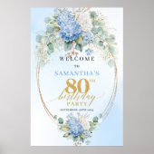 Poster Dusty Blue Hydrangeas Boho Gold 80th birthday  (Devant)