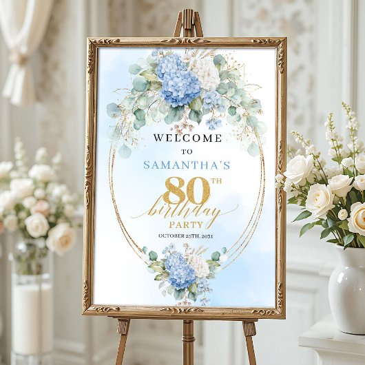 Poster Dusty Blue Hydrangeas Boho Gold 80th birthday 