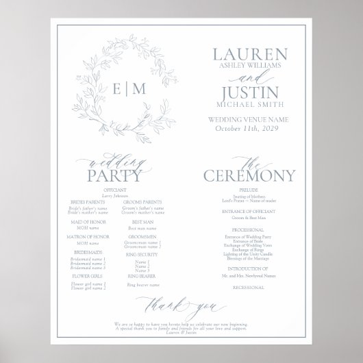 Poster Dusty Blue Leafy Crest Monogramme Programme de mar (Devant)
