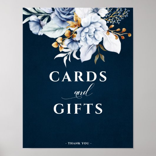 Poster Dusty Blue Navy Gold Floral Wedding Cartes & Cadea (Devant)