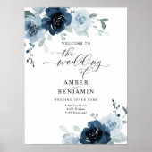Poster Dusty Blue Navy Pastel Boho Floral Mariage Bienven (Devant)