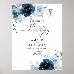 Poster Dusty Blue Navy Pastel Boho Floral Mariage Bienven