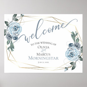 Poster Dusty Blue Rustic Floral Calligraphie Bienvenue