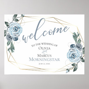Poster Dusty Blue Rustic Floral Mariage Bienvenue