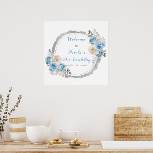 Poster Dusty Blue Silver Fleurs élégantes fête d'annivers (Cuisine)