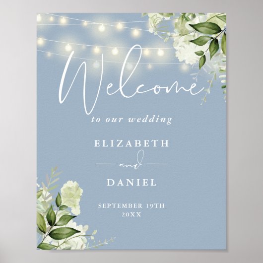 Poster Dusty Blue String Lights Floral Mariage Welcome (Devant)