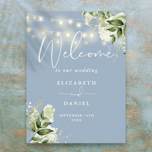 Poster Dusty Blue String Lights Floral Mariage Welcome