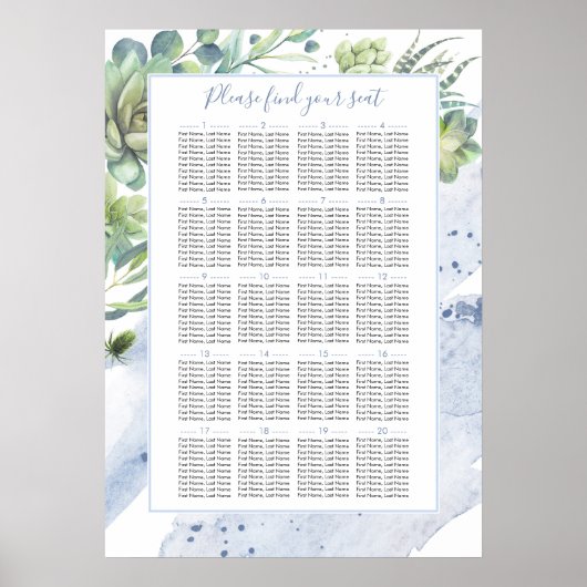 Poster Dusty Blue Succulents Greenery Seating Chart (Devant)