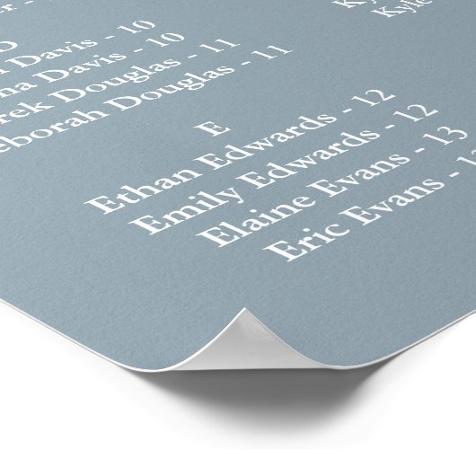 Poster Dusty Blue Wedding Alphabetical Seating Chart (Coin)