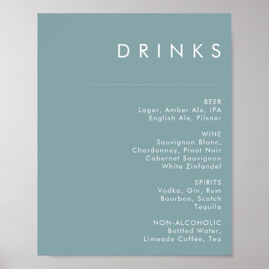 Poster Dusty Boho | Blue Mariage Boissons Menu Sign (Devant)