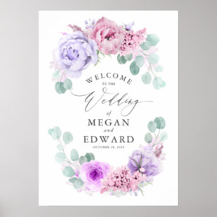 Poster Dusty Purple et rose Floral Mariage Bienvenue