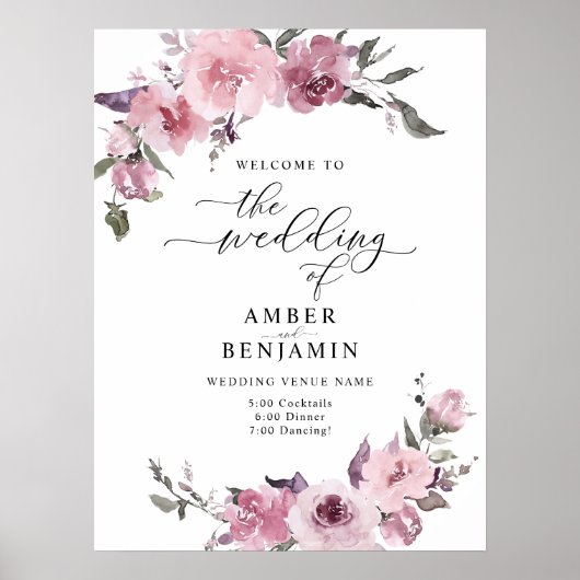 Poster Dusty Rose Floral Blush Rose Mauve Mariage Bienven (Devant)