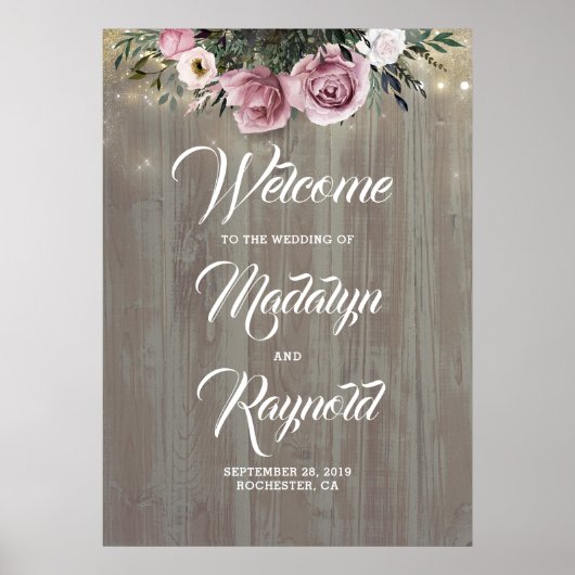 Poster Dusty Rose Floral Rustic Mariage Bienvenue (Devant)