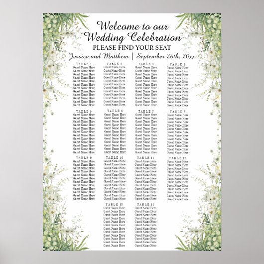 Poster Dusty Sage Green Mariage 14 Tables Mariage Siège (Devant)