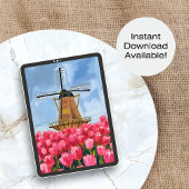 Poster Dutch Windmill Tulip Flower Field Watercolor Art